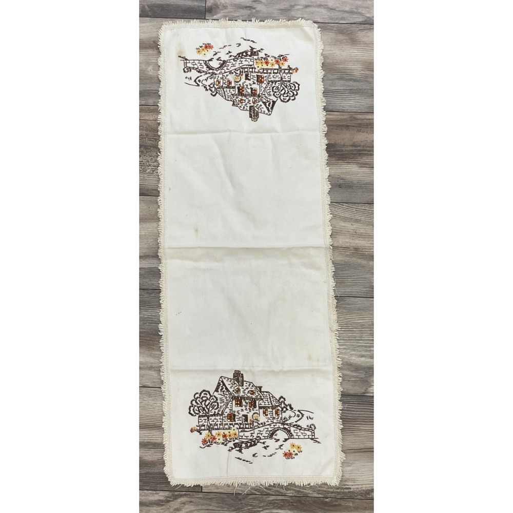 Hand embroidered Cabin Fall Flowers table runne dresser scarf 36 x 13